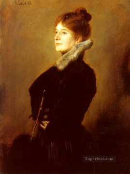  el Pintura al %C3%B3leo - Retrato de una dama vestida con un abrigo negro con cuello de piel Franz von Lenbach